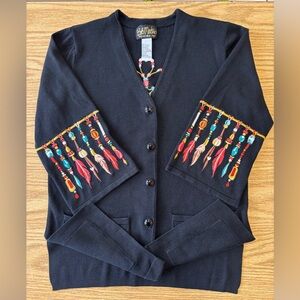 BOB MACKIE WEARABLE ART Embroidered Vintage Cardigan Sweater Native American 90s